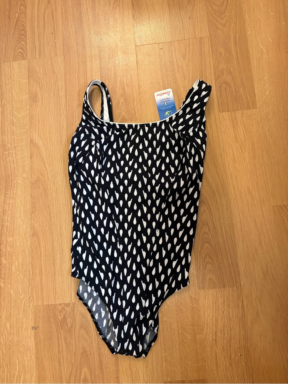 Black One-Piece Swimsuit with White Teardrop Print